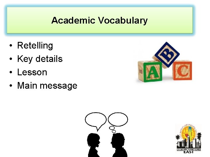 Academic Vocabulary • • Retelling Key details Lesson Main message 