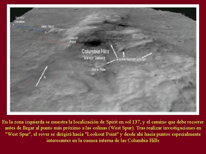 En la zona izquierda se muestra la localización de Spirit en sol 137, y