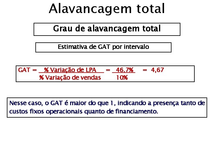Alavancagem total Grau de alavancagem total Estimativa de GAT por intervalo GAT = %