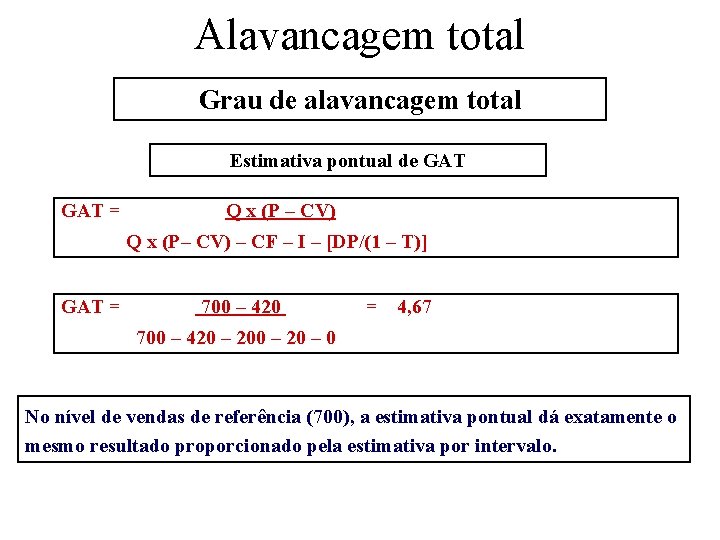 Alavancagem total Grau de alavancagem total Estimativa pontual de GAT = Q x (P