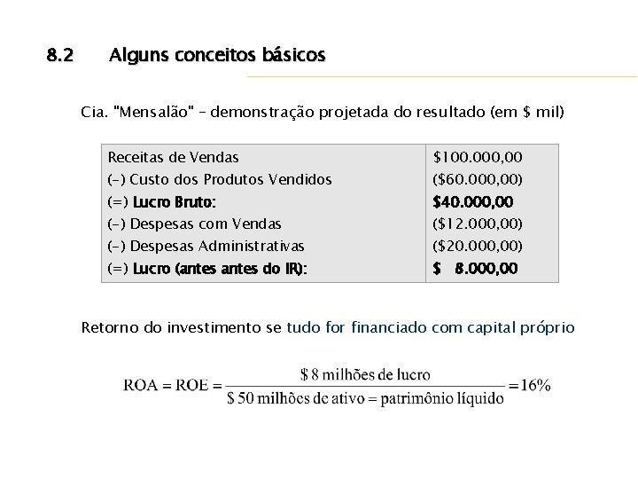 8. 2 Alguns conceitos básicos Cia. "Mensalão" – demonstração projetada do resultado (em $