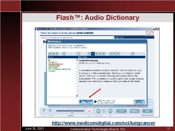 Flash™: Audio Dictionary http: //www. medicomdigital. com/nci/lungcancer June 26, 2003 Communication Technologies Branch, NCI