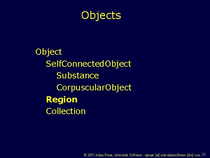 Objects Object Self. Connected. Object Substance Corpuscular. Object Region Collection © 2007 Adam Pease,