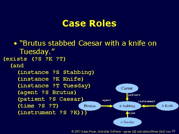 Case Roles • “Brutus stabbed Caesar with a knife on Tuesday. ” (exists (?