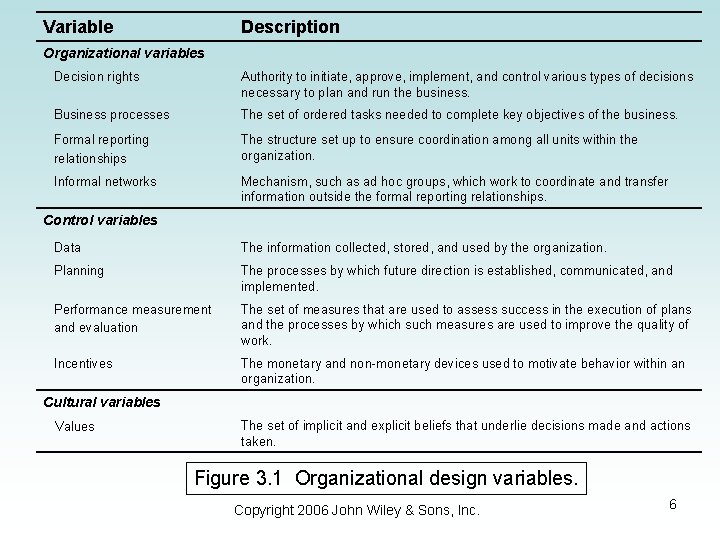 Variable Description Organizational variables Decision rights Authority to initiate, approve, implement, and control various