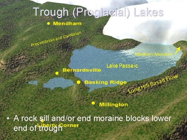 Trough (Proglacial) Lakes • A rock sill and/or end moraine blocks lower end of