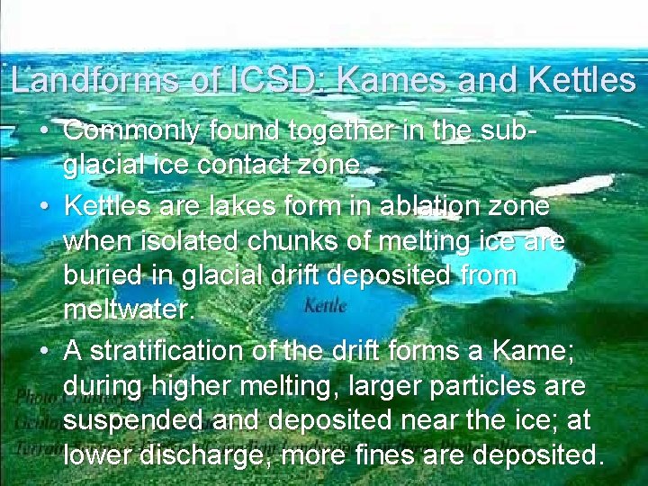Landforms of ICSD: Kames and Kettles • Commonly found together in the subglacial ice