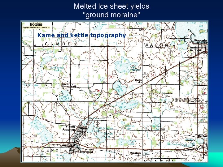 Melted Ice sheet yields “ground moraine” Kame and kettle topography 