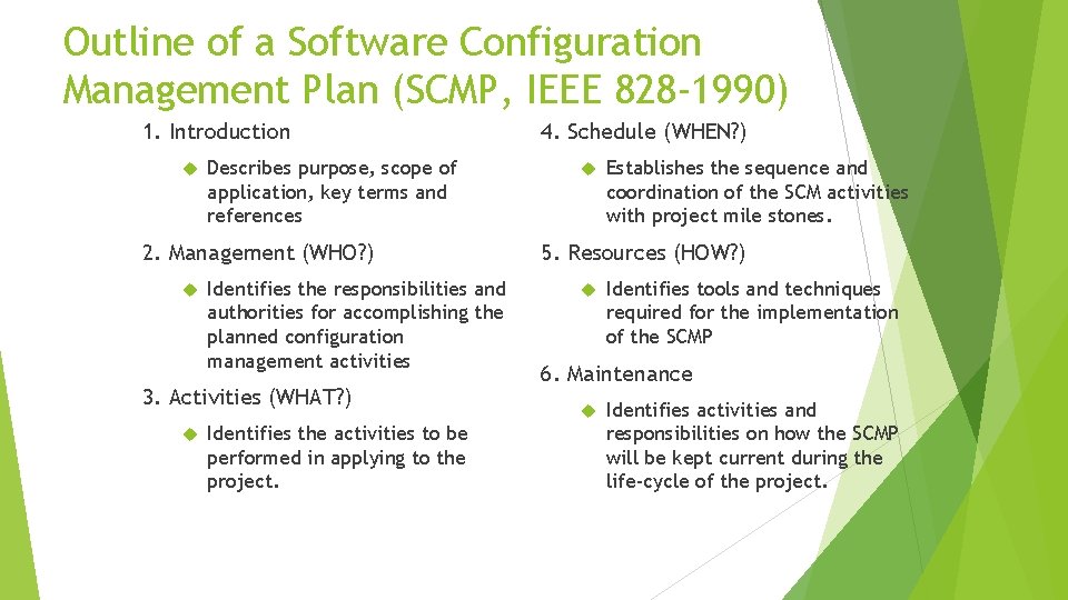 Outline of a Software Configuration Management Plan (SCMP, IEEE 828 -1990) 1. Introduction Describes