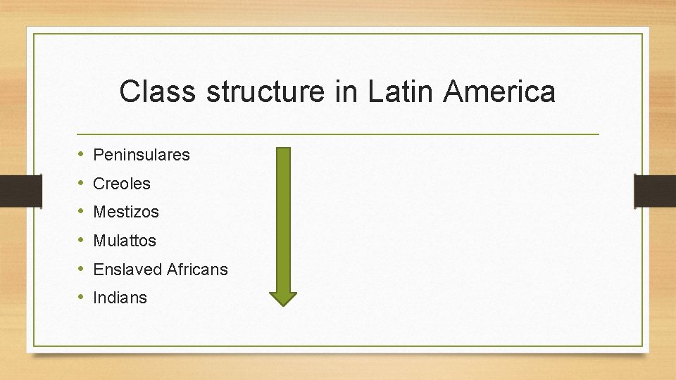 Class structure in Latin America • • • Peninsulares Creoles Mestizos Mulattos Enslaved Africans