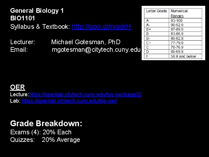 General Biology 1 BIO 1101 Syllabus & Textbook: http: //goo. gl/rvgdr. H Lecturer: Email: