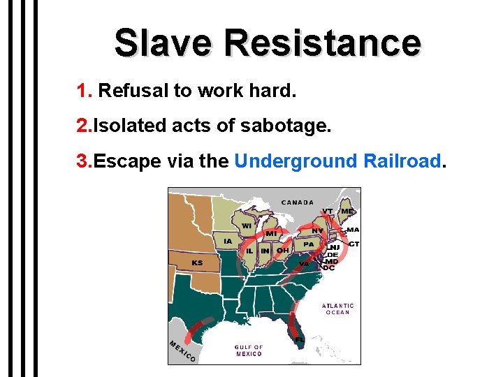 Slave Resistance 1. Refusal to work hard. 2. Isolated acts of sabotage. 3. Escape