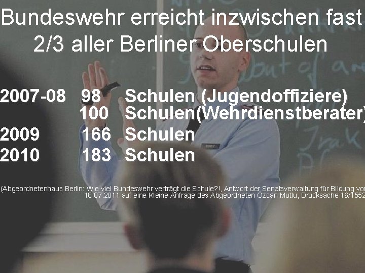 Bundeswehr erreicht inzwischen fast 2/3 aller Berliner Oberschulen 2007 -08 98 100 2009 166