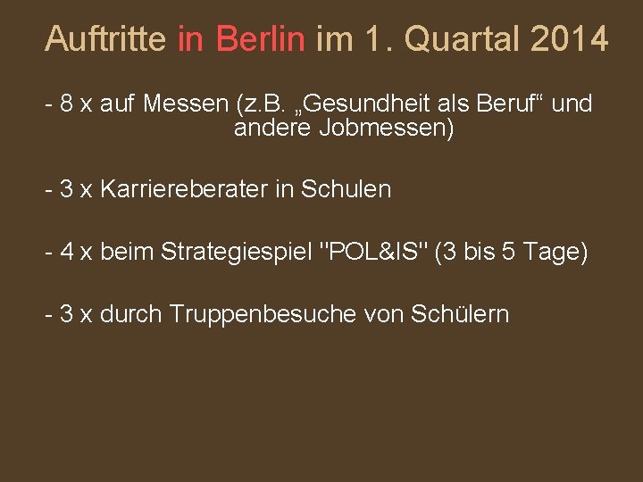 Auftritte in Berlin im 1. Quartal 2014 - 8 x auf Messen (z. B.