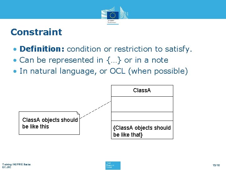 Constraint • Definition: condition or restriction to satisfy. • Can be represented in {…}