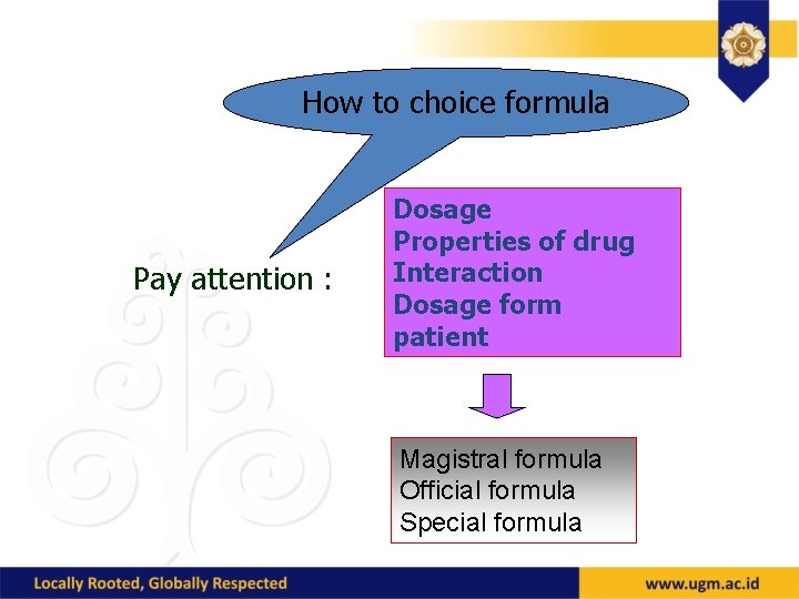 How to choice formula Pay attention : Dosage Properties of drug Interaction Dosage form