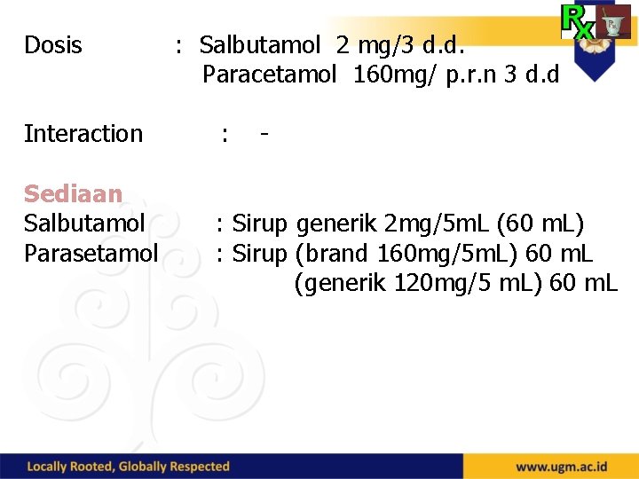 Dosis Interaction Sediaan Salbutamol Parasetamol : Salbutamol 2 mg/3 d. d. Paracetamol 160 mg/