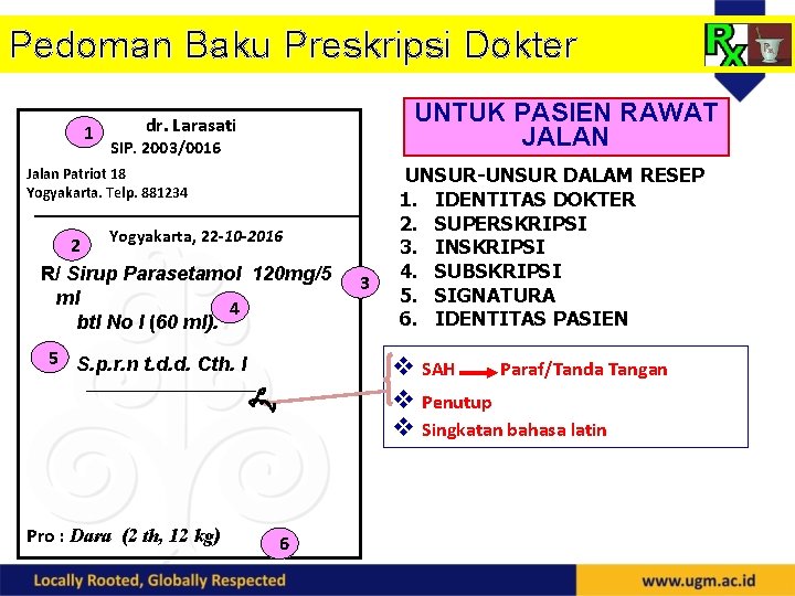Pedoman Baku Preskripsi Dokter 1 UNTUK PASIEN RAWAT JALAN dr. Larasati SIP. 2003/0016 Jalan