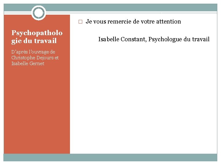 � Je vous remercie de votre attention Psychopatholo gie du travail D’après l’ouvrage de