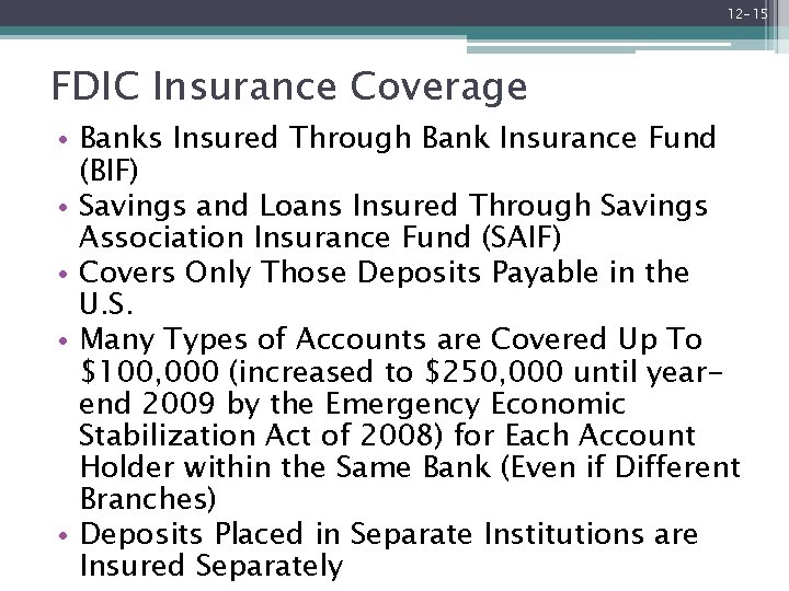 12 -15 FDIC Insurance Coverage • Banks Insured Through Bank Insurance Fund (BIF) •