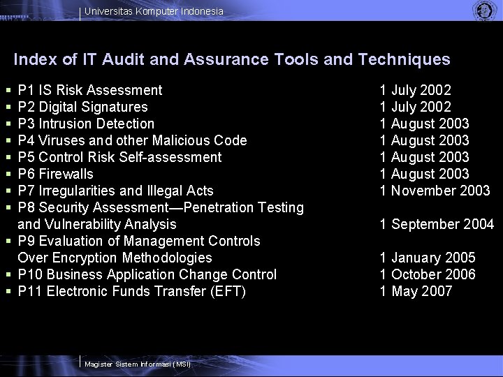 Universitas Komputer Indonesia Index of IT Audit and Assurance Tools and Techniques § §