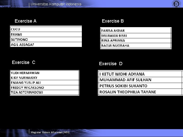 Universitas Komputer Indonesia Exercise A Exercise B Exercise C Exercise D Magister Sistem Informasi