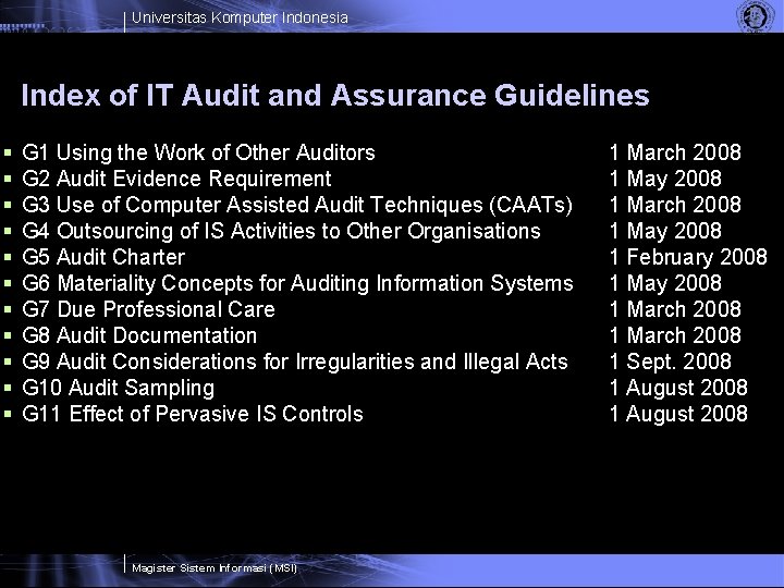 Universitas Komputer Indonesia Index of IT Audit and Assurance Guidelines § § § G