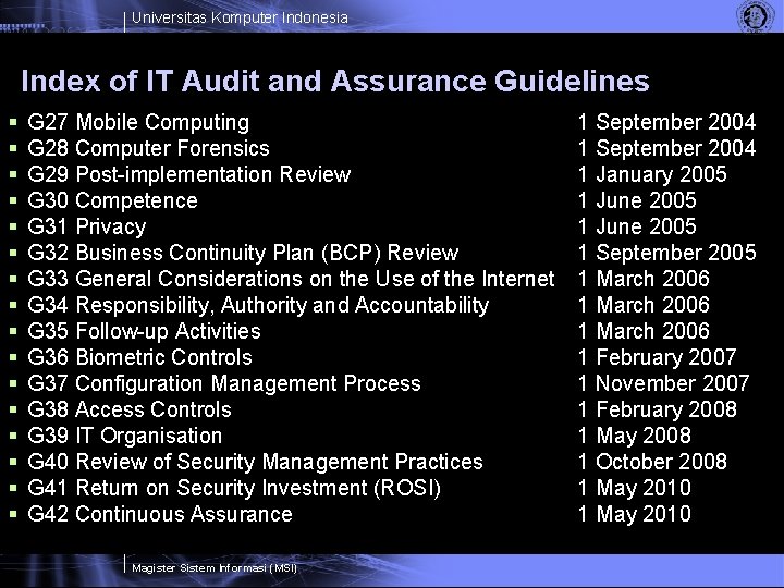 Universitas Komputer Indonesia Index of IT Audit and Assurance Guidelines § § § §