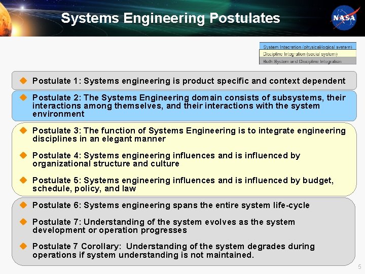 Systems Engineering Postulates u Postulate 1: Systems engineering is product specific and context dependent