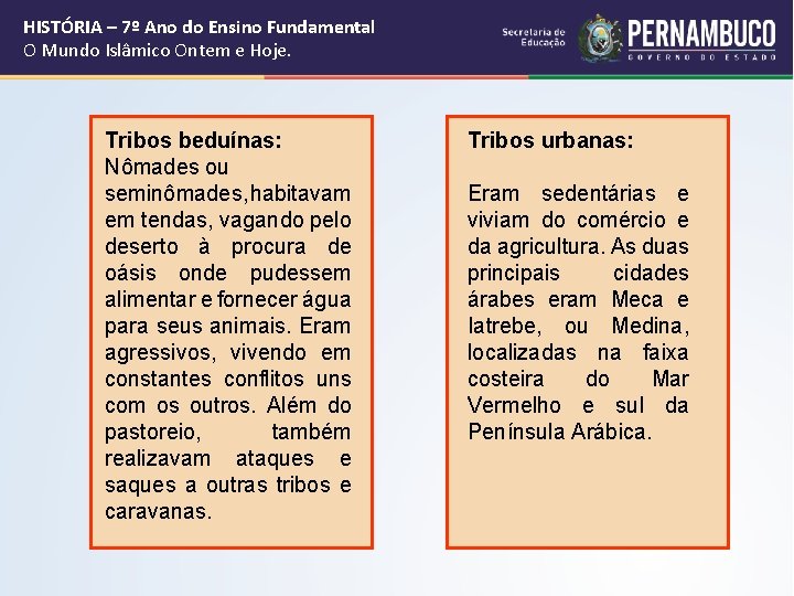 HISTÓRIA – 7º Ano do Ensino Fundamental O Mundo Islâmico Ontem e Hoje. Tribos HISTÓRIA – 7º Ano do Ensino Fundamental O Mundo Islâmico Ontem e Hoje. Tribos