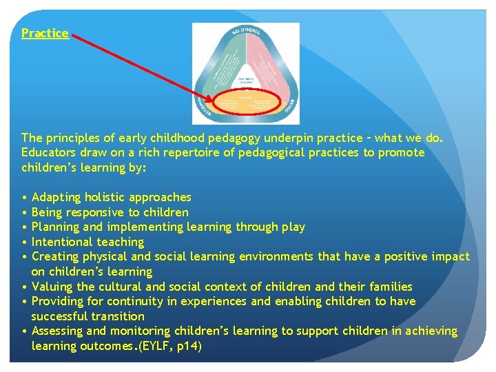 Practice The principles of early childhood pedagogy underpin practice – what we do. Educators