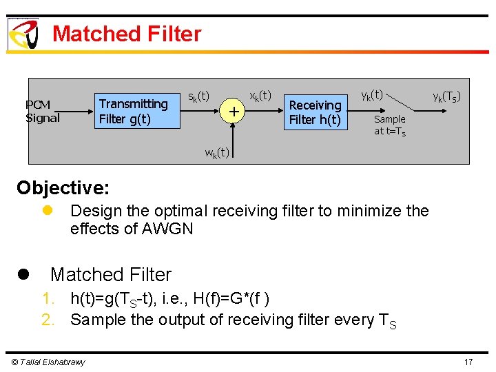 Matched Filter PCM Signal Transmitting Filter g(t) sk(t) + xk(t) Receiving Filter h(t) yk(TS)