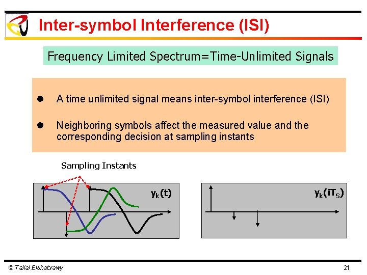 Inter-symbol Interference (ISI) Frequency Limited Spectrum=Time-Unlimited Signals l A time unlimited signal means inter-symbol