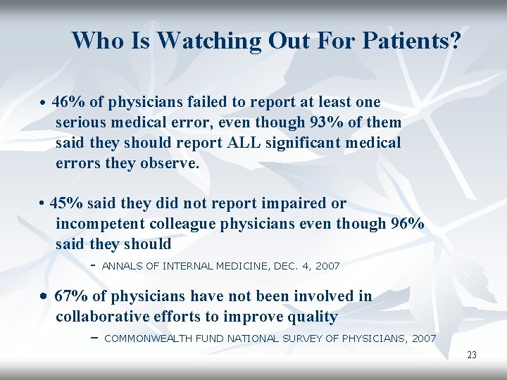 Who Is Watching Out For Patients? • 46% of physicians failed to report at