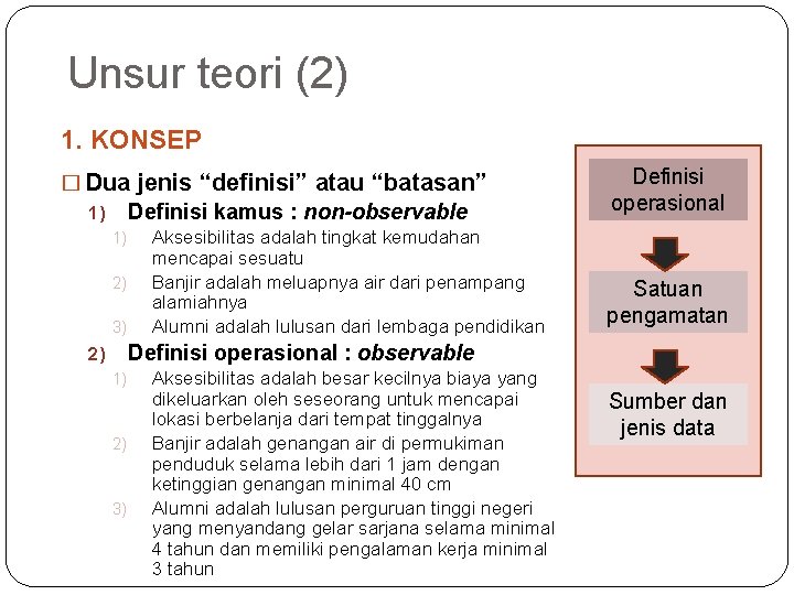 Unsur teori (2) 1. KONSEP � Dua jenis “definisi” atau “batasan” 1) Definisi kamus