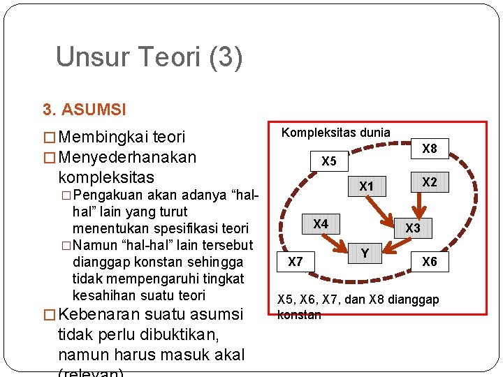 Unsur Teori (3) 3. ASUMSI � Membingkai teori � Menyederhanakan Kompleksitas dunia X 5