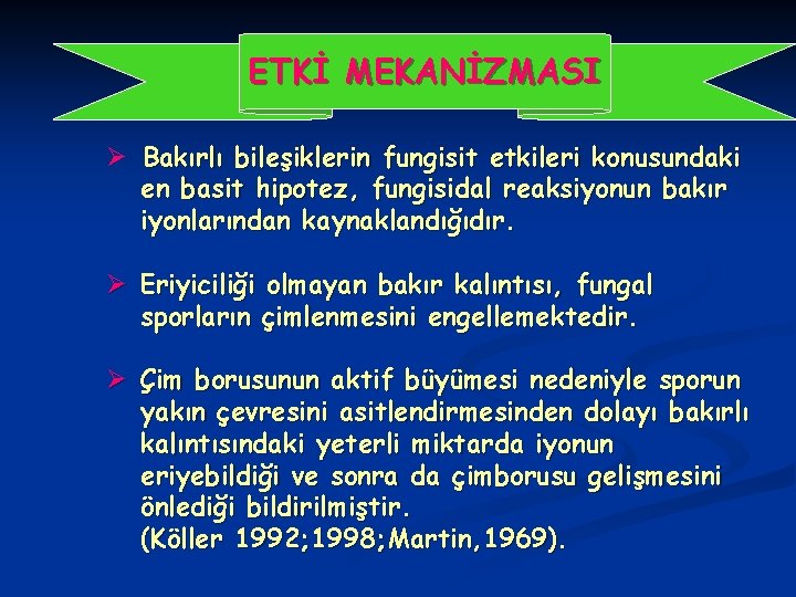 ETKİ MEKANİZMASI Ø Bakırlı bileşiklerin fungisit etkileri konusundaki en basit hipotez, fungisidal reaksiyonun bakır