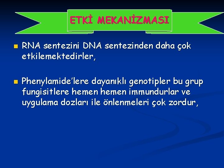 ETKİ MEKANİZMASI n n RNA sentezini DNA sentezinden daha çok etkilemektedirler, Phenylamide’lere dayanıklı genotipler