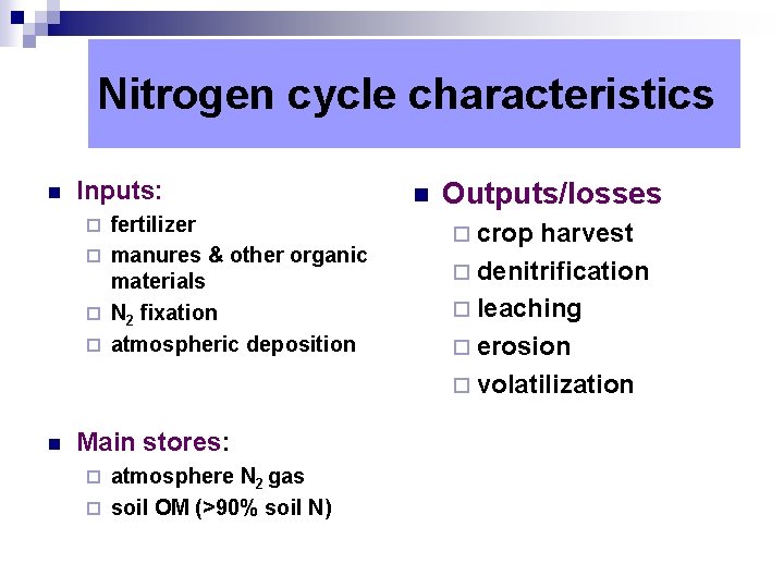 Nitrogen cycle characteristics n Inputs: fertilizer ¨ manures & other organic materials ¨ N