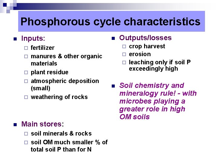 Phosphorous cycle characteristics n Inputs: ¨ ¨ ¨ n fertilizer manures & other organic