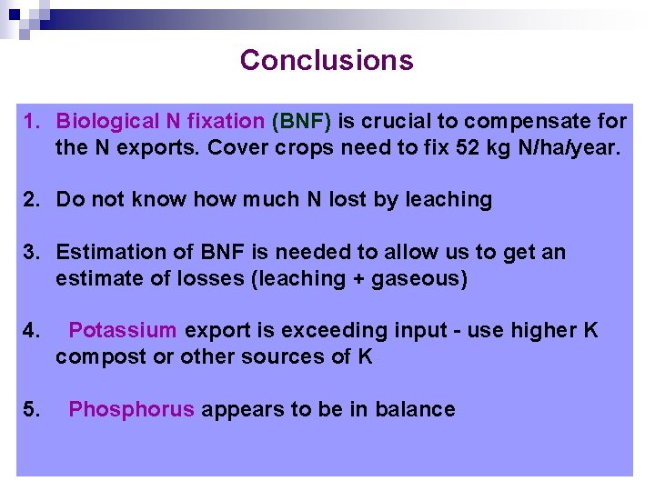 Conclusions 1. Biological N fixation (BNF) is crucial to compensate for the N exports.