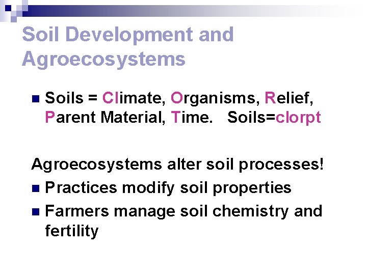 Soil Development and Agroecosystems n Soils = Climate, Organisms, Relief, Parent Material, Time. Soils=clorpt