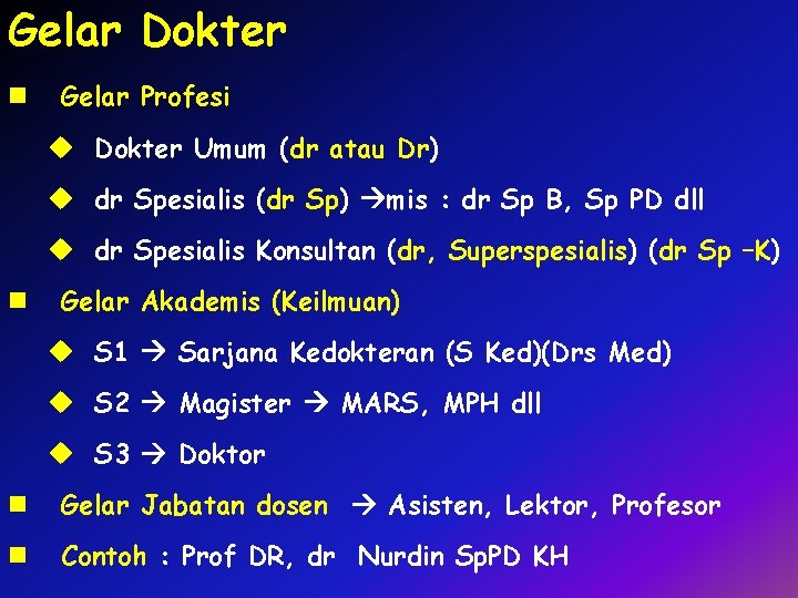 Gelar Dokter n Gelar Profesi u Dokter Umum (dr atau Dr) u dr Spesialis