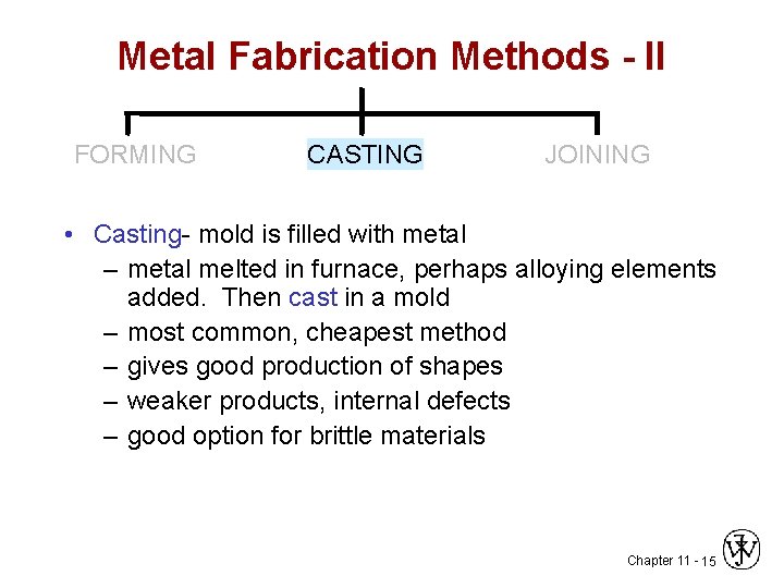 Metal Fabrication Methods - II FORMING CASTING JOINING • Casting- mold is filled with