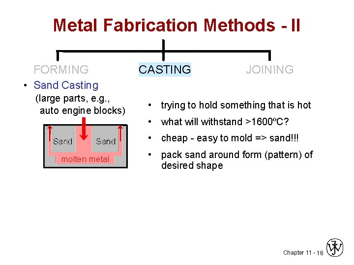 Metal Fabrication Methods - II FORMING CASTING JOINING • Sand Casting (large parts, e.