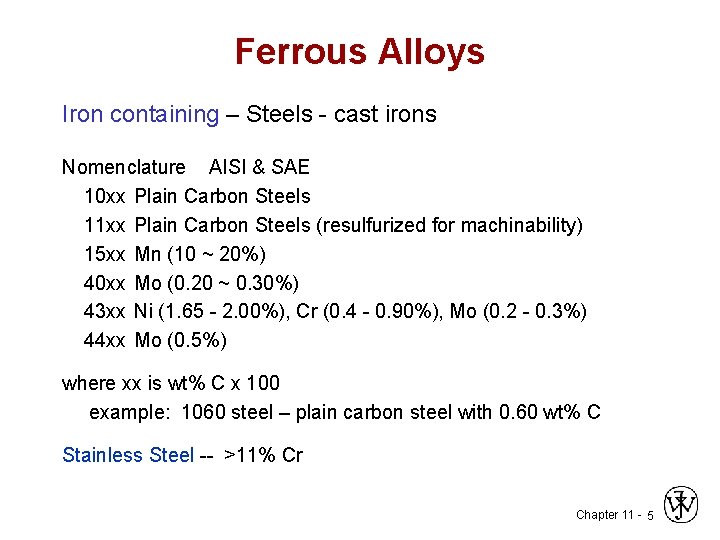 Ferrous Alloys Iron containing – Steels - cast irons Nomenclature AISI & SAE 10