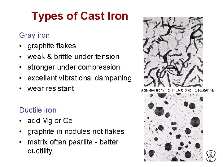 Types of Cast Iron Gray iron • graphite flakes • weak & brittle under