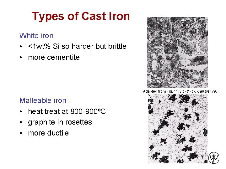 Types of Cast Iron White iron • <1 wt% Si so harder but brittle