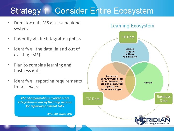 Strategy 1: Consider Entire Ecosystem • Don’t look at LMS as a standalone system Strategy 1: Consider Entire Ecosystem • Don’t look at LMS as a standalone system