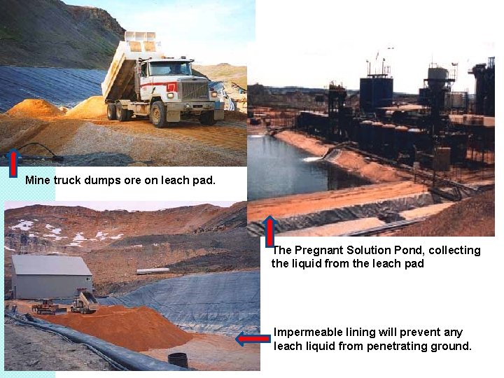 Mine truck dumps ore on leach pad. The Pregnant Solution Pond, collecting the liquid Mine truck dumps ore on leach pad. The Pregnant Solution Pond, collecting the liquid